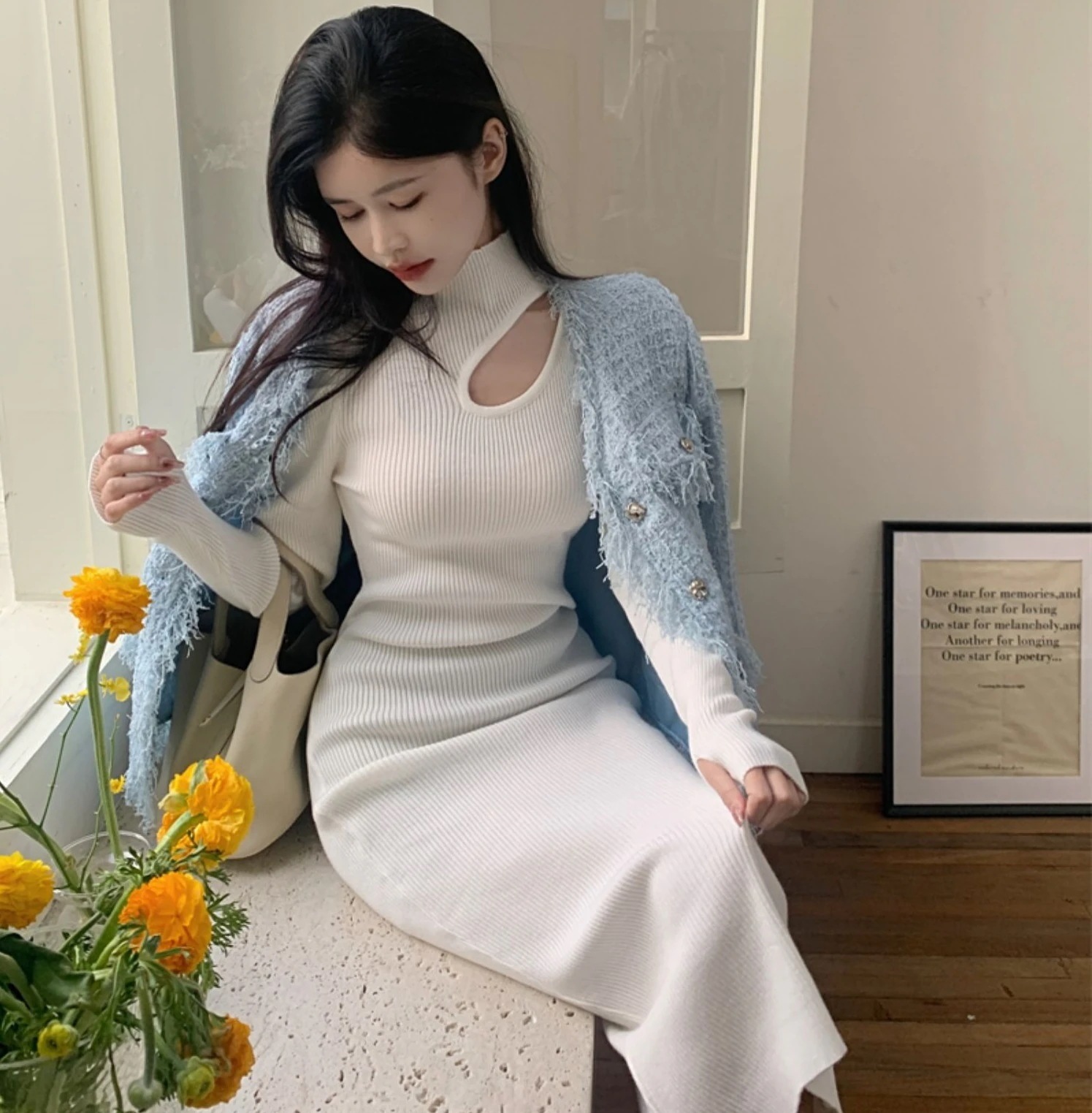 ワンショル 半ハイネック リブニット ワンピース ニットワンピース 膝下 ミモレ丈 袖あり 長袖 ワンショルダー 襟付き スリム 細身 Aライン ハイウエスト リブ 伸縮性 ニット かわいい