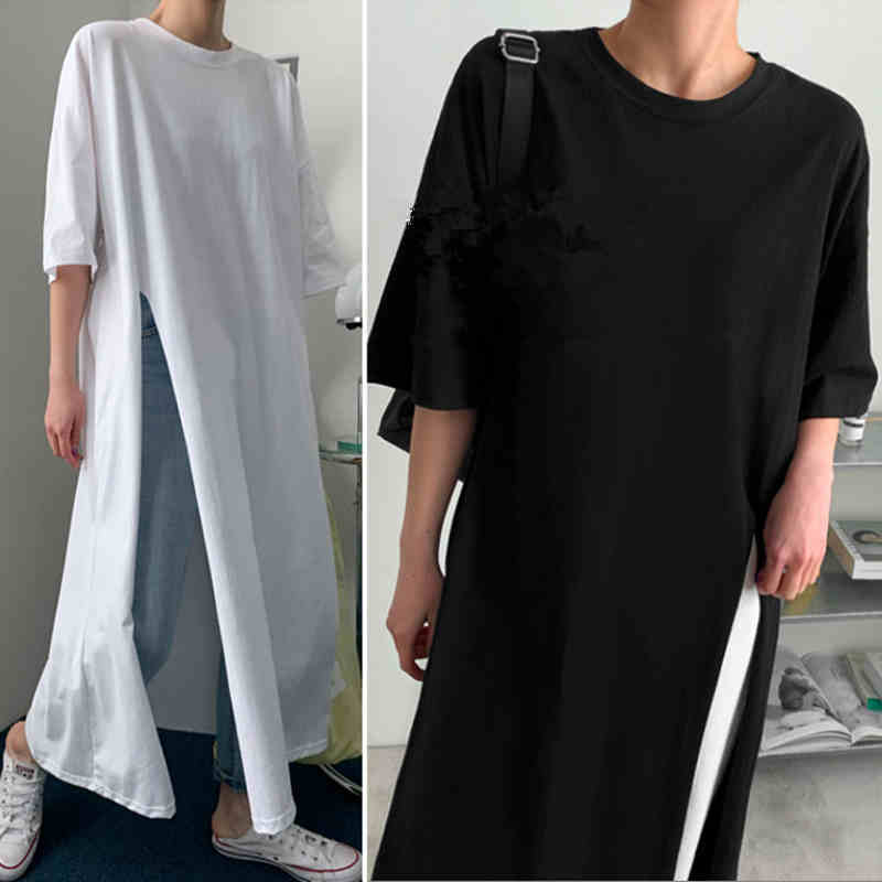 ロング丈 Tシャツ レディース 白 黒 半袖 トップス ワンピース シンプル 無地 スリット ラウンドネック 綿 薄手 ゆったり リラックス ルーズ 大きめ 体型カバー ママ 公園デビュー お洒落