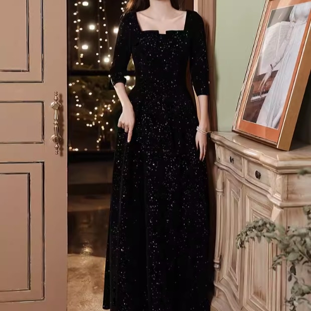 ドレス ワンピース レディース ウェディング パーティー 結婚式 二次会 披露宴 演奏会 発表会 ステージ 舞台 フォーマル 衣装 演劇 膝下 ロング マキシ 半袖 5分袖 7分袖 スクエアネック