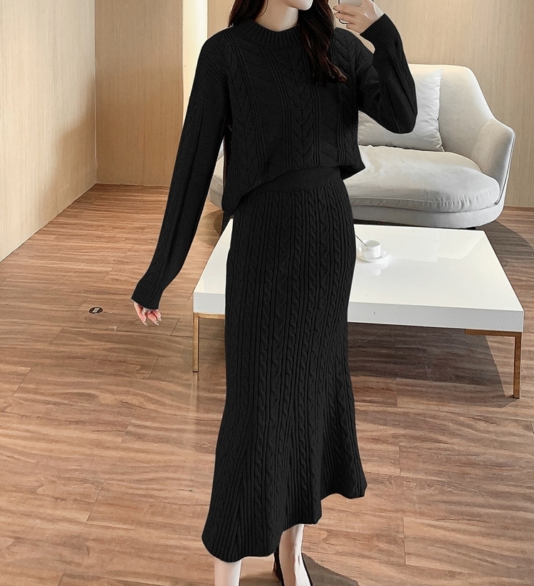 レディース スカート トップス セーター プルオーバー セットアップ ミモレ 長袖 クルーネック 襟なし フェミニン ケーブルニット かわいい 大人可愛い きれいめ シンプル カジュアル 上品