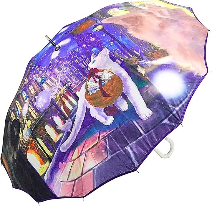 傘 レディース 長傘 桜骨 16本骨 雨傘 日傘 遮光 UVカット率 98％ UPF50+ 晴雨兼用 おしゃれ かわいい 大きい 一枚張り(クジラ街の猫, 60cm)