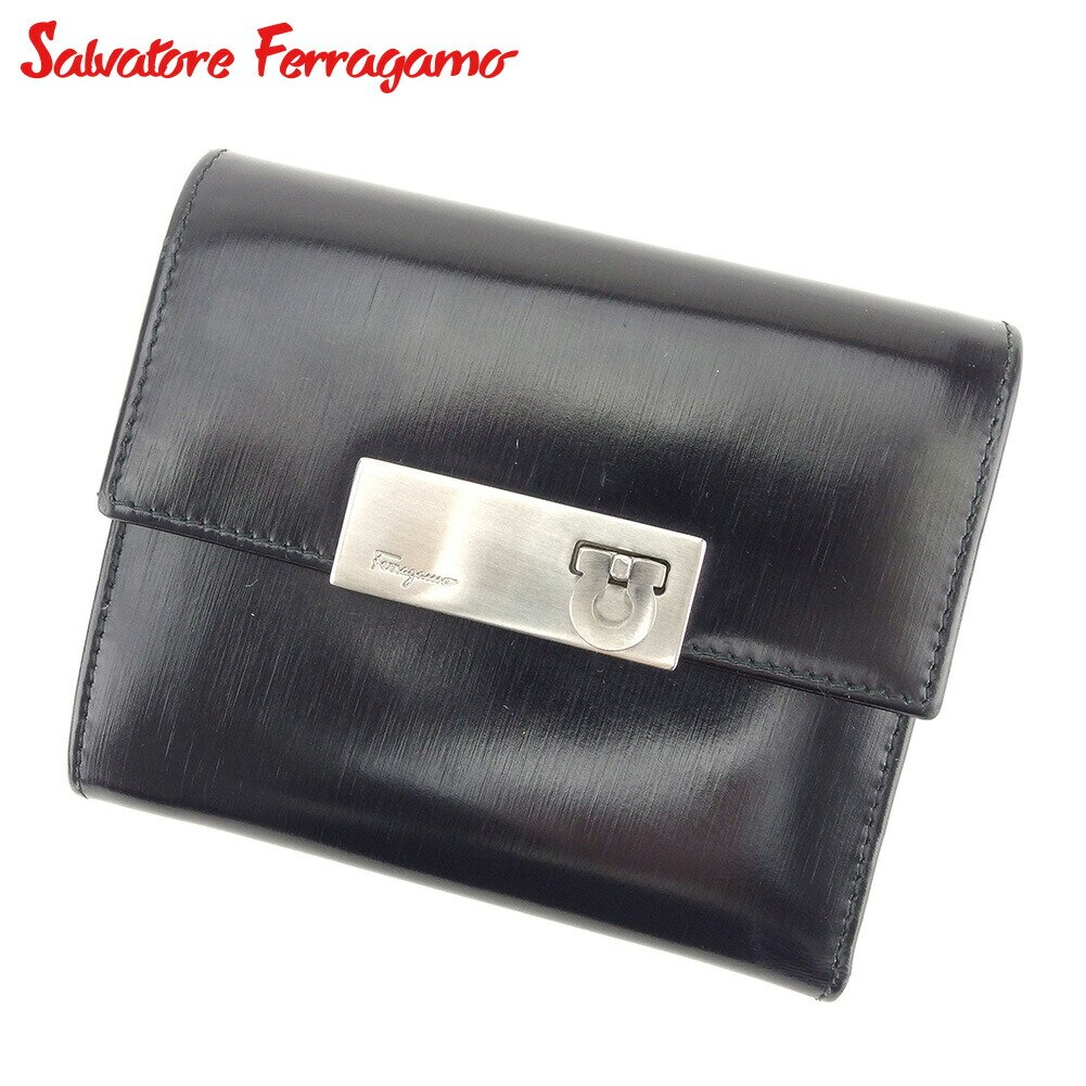 三つ折り 財布 ガンチーニ ブラック シルバー 中古