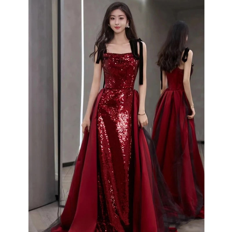イブニングドレス キラキラドレス スパンコール ワイン赤 キャミドレス 結婚式ドレス 二次会ドレス ゲストドレス ワインレッド ロングドレス 発表会ドレス ノースリーブ サテン チュール パーティード