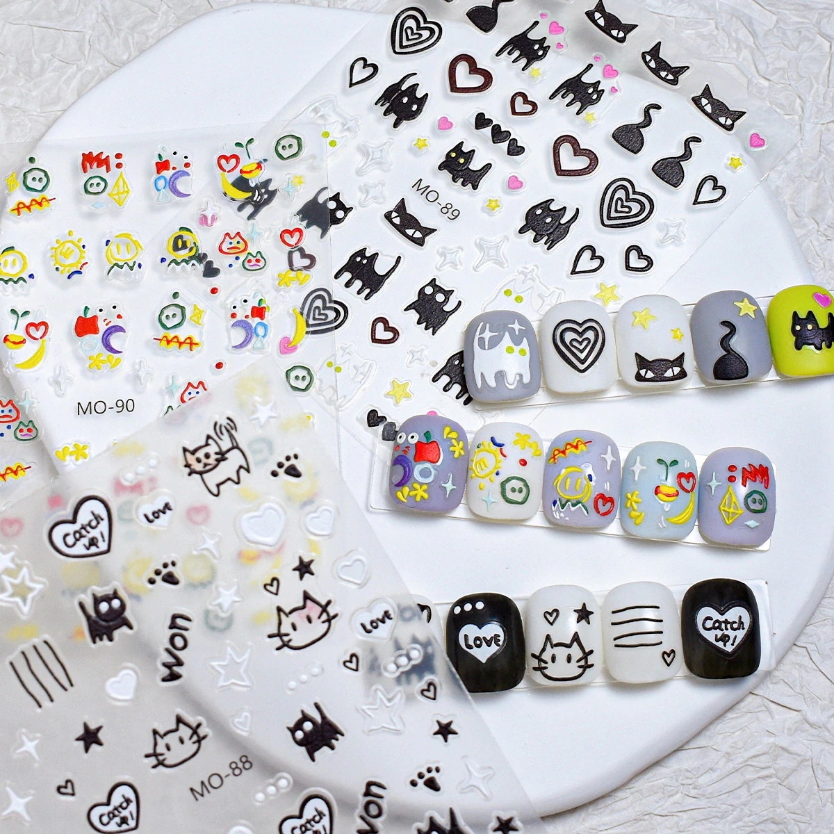 【200点セット】【送料無料】立体エンボスネイルアクセサリーシール風アルファベットハート落書き星のかわいい猫ネイルシール