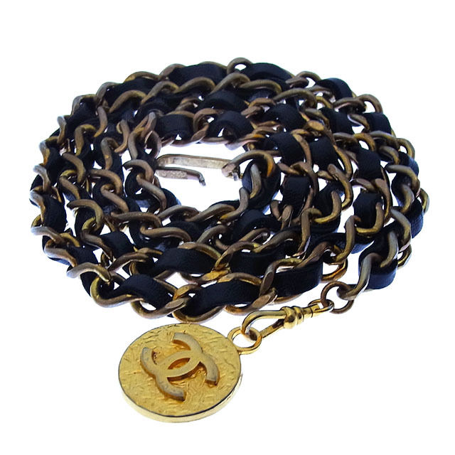 ベルト ヴィンテージ チェーンベルト ココマークチャーム付き ブラック ゴールド 中古