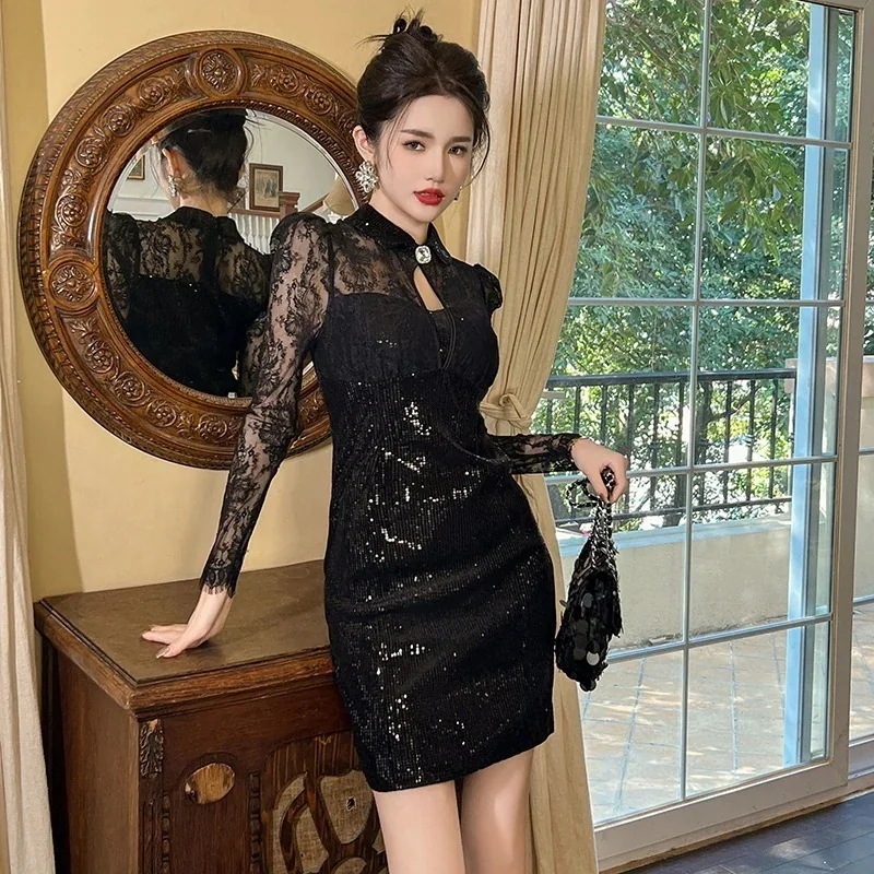 キャミワンピースワンピース ドレス パーティードレス レース スパンコール ロングワンピース スリミング セクシー 披露宴 結婚式 演奏会 ウェディング 二次会 発表会 タイトワンピース