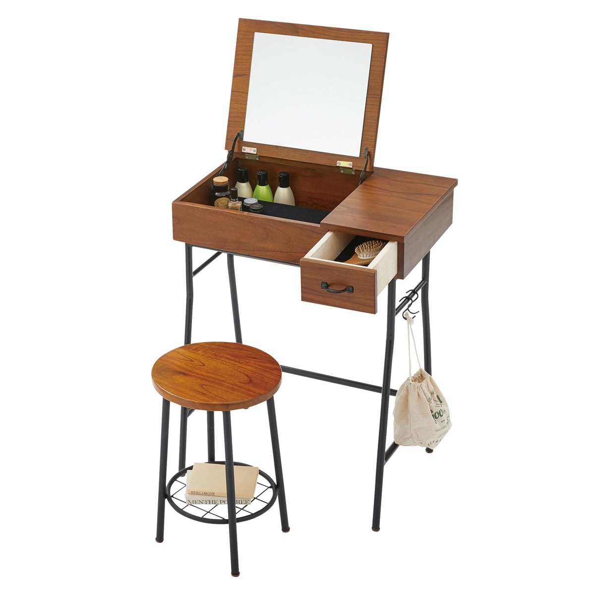 ドレッサー&スツールセット 幅60cm 鏡台 天板開閉タイプ ドレッサー 椅子 セット メイク台 天然木 木目 スチール脚 異素材 天板裏 ミラー 鏡付き