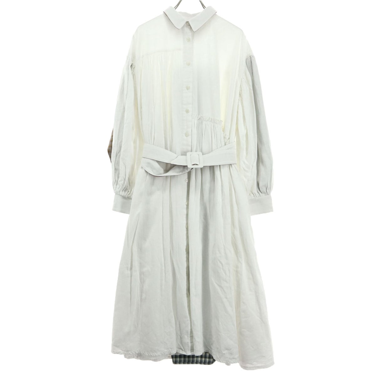 美品 RRR TOKYO アールトウキョウ チェック柄 長袖 シャツワンピース アイボリー ロング丈 ベルト付き レディース 古着