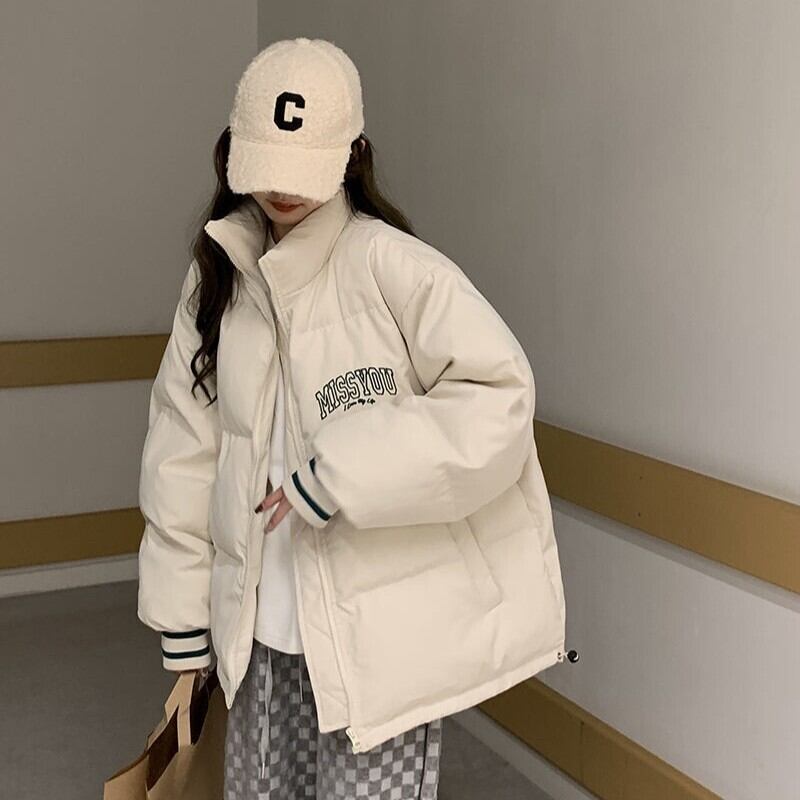 ジャケット ダウンジャケット アウター 上着 ダウン 羽織 ショート 長袖 ボリューム袖 萌袖 ハイネック ストリート 韓国風 ふっくら ファスナー ポケット 前開き アメカジ 厚手 中綿 かわいい