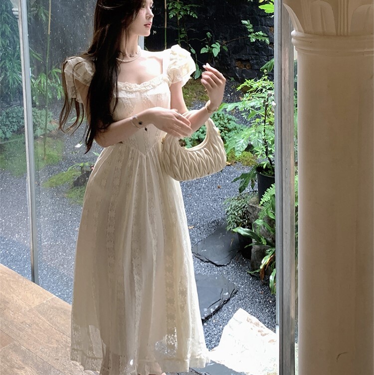 レディース ワンピース ドレス ワンピースドレス ワンピドレス ロング パフスリーブ フレアスリーブ フリル袖 スクエアネック フレア セミフレア Aライン フェミニン タック レース フリル