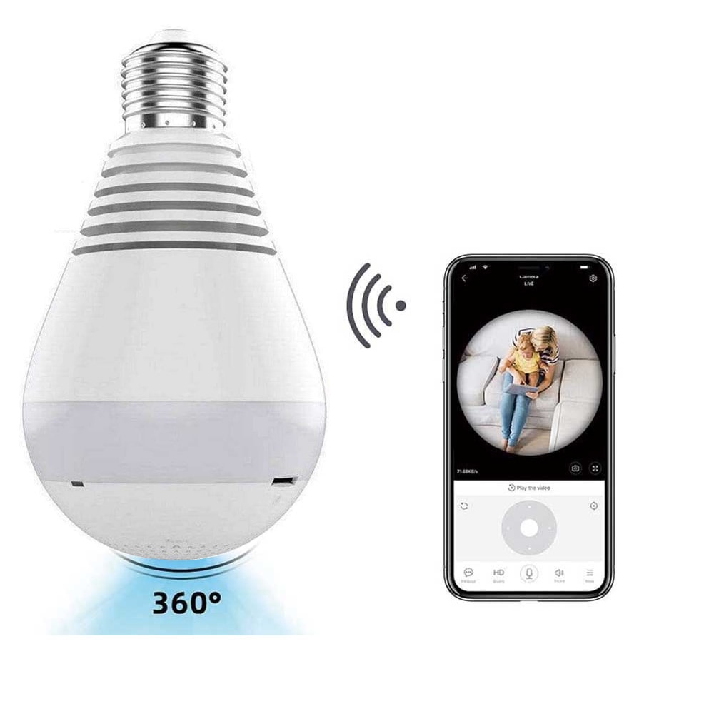 WiFi電球カメラ360度パノラマ隠しモニターヘッドモニタリング1080P リモートホームセキュリティカメラ赤外線ライト寝室オフィスE26/E27魚眼カメラ電球 IPカメラ 屋内カメラ 屋内用防犯