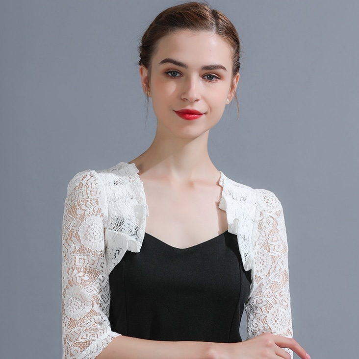 レースボレロ トップス カーディガン ショート ショート丈 袖あり 5分袖 五分袖 Vネック レース フリル 透け感 かわいい 大人可愛い きれいめ シンプル カジュアル 大人 上品 おしゃれ お洒落