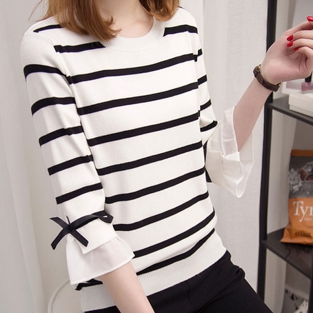 トップス セーター ミディアム丈 袖あり 七分袖 ラウンドネック ストレート シフォン フリル リボン ニット 薄手 ストライプ 春 秋 20代 30代 40代 レディース ママ デート お出かけ
