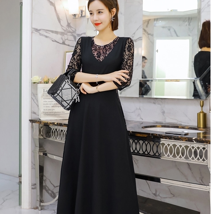 ワンピース レディース 女性用 レース 花柄 フレア ロング 無地 ステッチ ドレス レトロ 5,096円