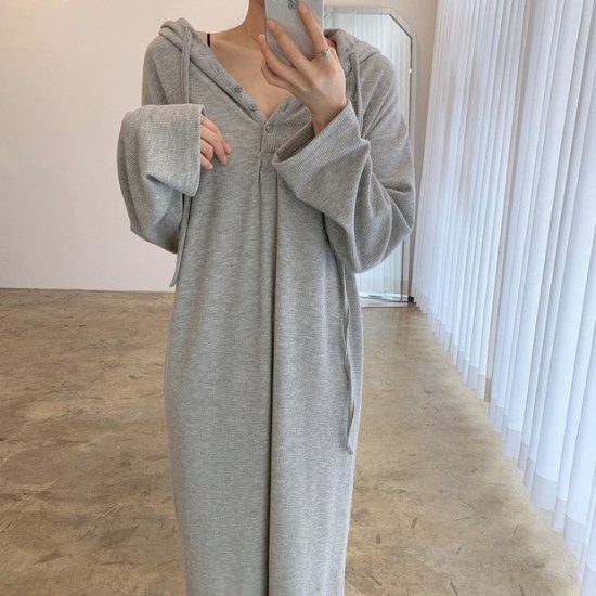 【取寄：納期2週間】パーカーワンピース ハーフボタン レディース 韓国 ファッション リブカットソー 薄手スウェット ストレッチ ワンピース ヘンリーネック パーカー フードワンピース 秋冬