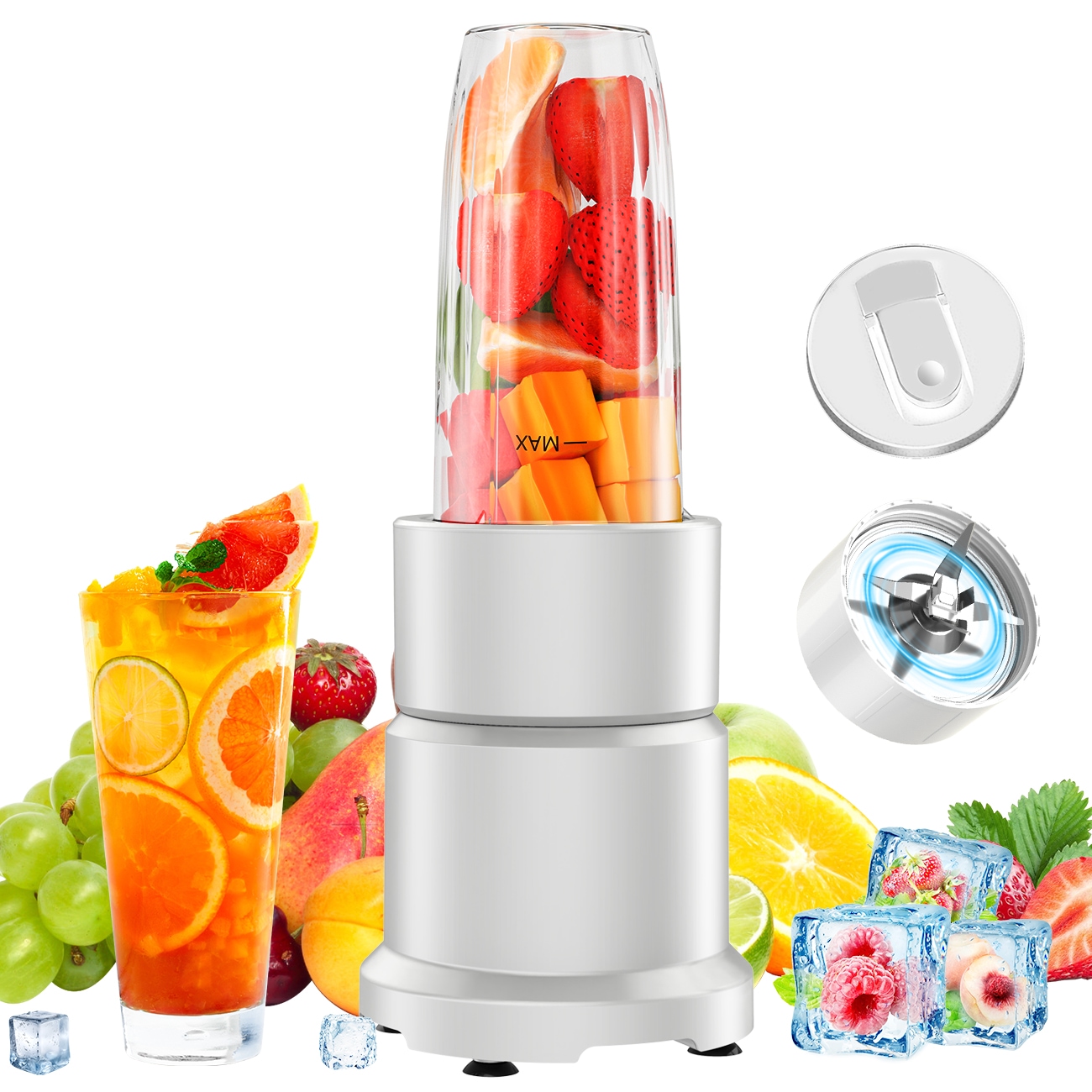 Happilaff 新機種 女性に優しい 小型 ミキサー 氷も砕ける ジューサー 850Ｗ スムージー 大容量670mlボトル 蓋付き 野菜 果物ジュース 介護食 離乳食用 栄養補充 持ち運び 手だ