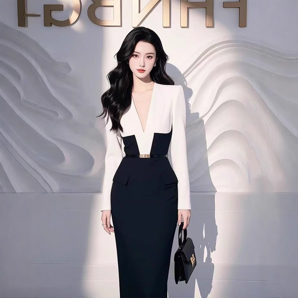 重要な機会への出席女性のための黒と白の対照的なスーツドレス2025冬の小さな香りのあるフランスのプロフェッショナルスカート 5,154円