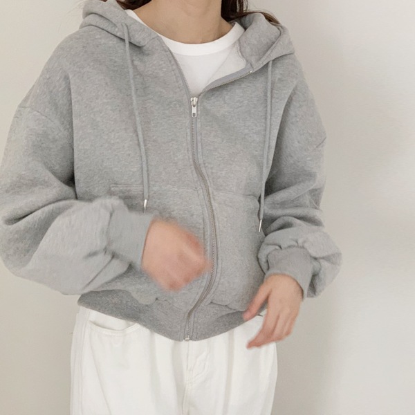 韓国ファッション ベーシック セミクロップ ウール 起毛 フード ジップアップ