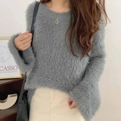 レディース プルオーバー 長袖 シャギートップス キャメル ほわほわ 大人可愛い ふわふわ 可愛い 韓国 シャギーニット ルーズ 大人女子 きれいめ かわいい グレー