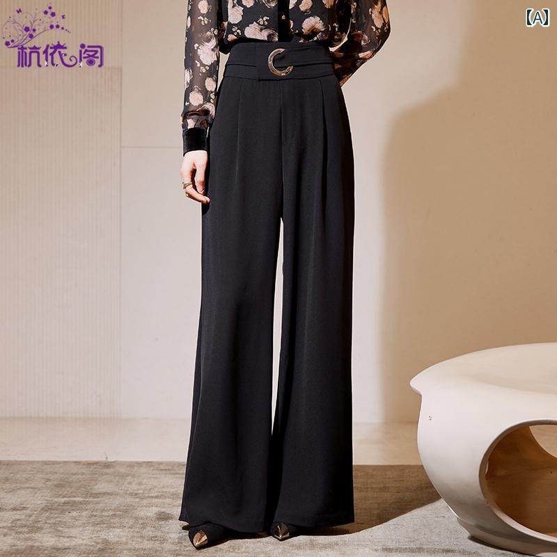 ズボン レディース カジュアル おしゃれ ファッション パンツ 黒 秋 カジュアル ストレート ワイドレッグ ハイウエスト ドレープ