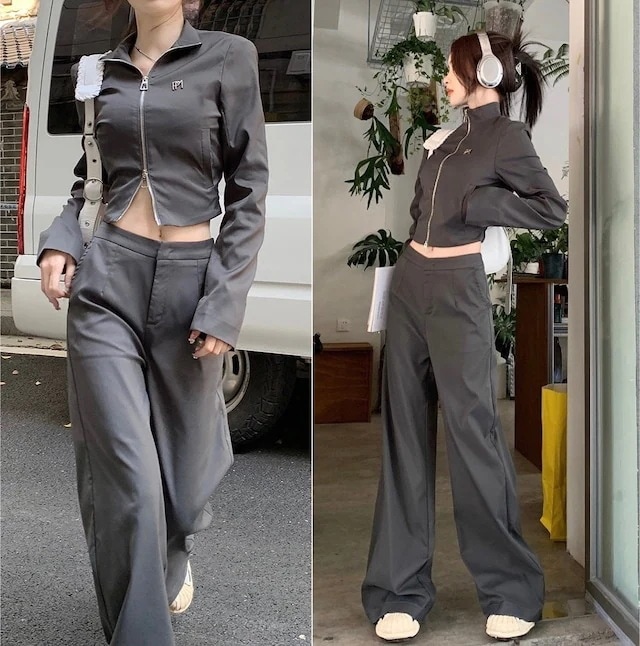 クロップド ジャージ セットアップ レディース ショートジャケット ワイドパンツ 上下セット 韓国 ファッション 春夏