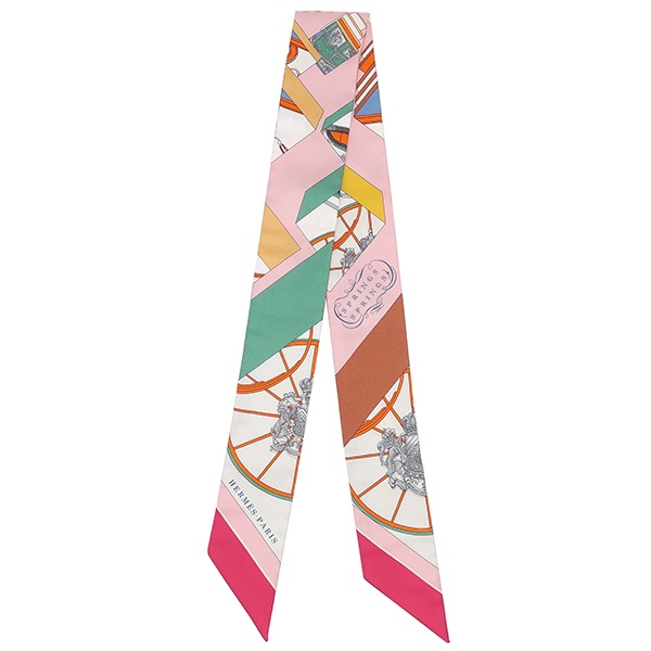 エルメス HERMES スカーフ ツイリー シルク ローズ×ヴェール×マルチカラー 【SPRINGS SPRINGS/スプリング スプリング】 【箱】【中古】