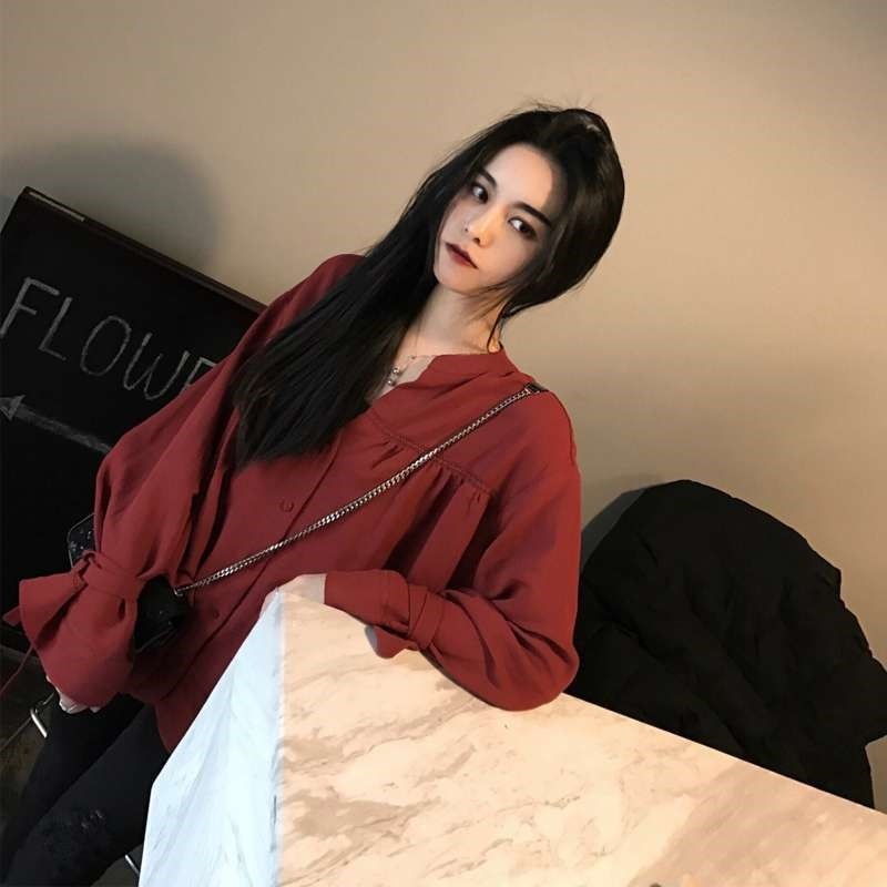 2460.大人っぽいVネック長袖ブラウス（ワインレッド）2019 春夏秋 カジュアル 普段使い お出かけ