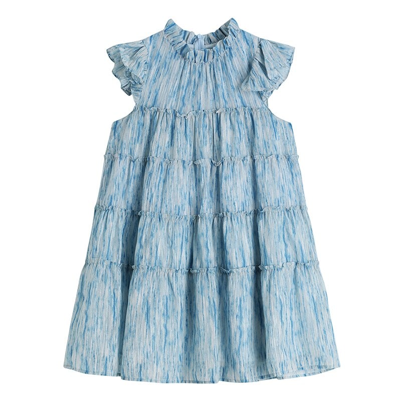 ティアードミニワンピース レディース トップス ワンピース ミニ丈 やわらかい フリル バックリボン 大人可愛い 淡い ブルー 青 S M おしゃれ 可愛い 大人可愛い キュート 大人カジュアル 韓国 5,580円