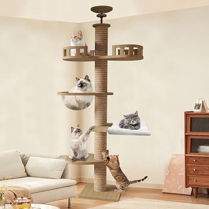 CozyMeow キャットタワー 突っ張り 木製 キャットツリー 木登りタワー 多層