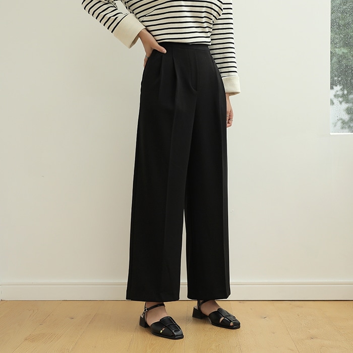 [韓国ファッション] 隠しウエストゴム Wセンタータック ストレッチ ワイドスラックス