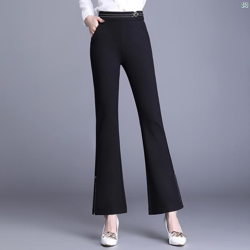 レディース　ファッション　オシャレ　シンプル 春秋 スーツ パンツ ハイウエスト スリム ブラック ブーツ カット ドレープ性 伸縮性 カジュアル エレガント フレアパンツ