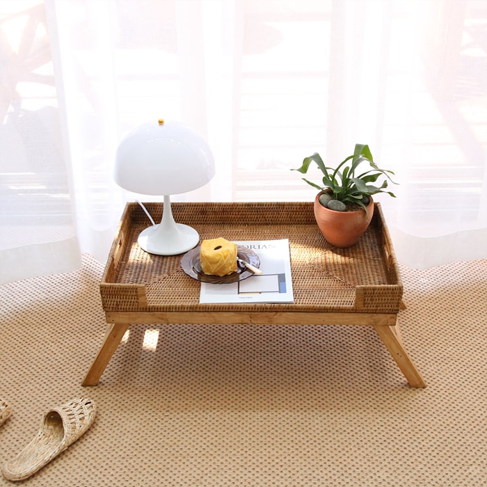 [PAPER GARDEN] ラタン 座卓 折りたたみ トレイ スタンディング テーブル ウッドサイド 机 ティーテーブル キャンプ 車泊