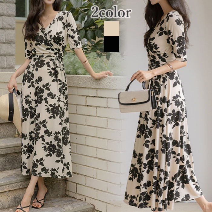 ロングワンピース 半袖 花柄 ラップワンピース リゾート 夏 秋