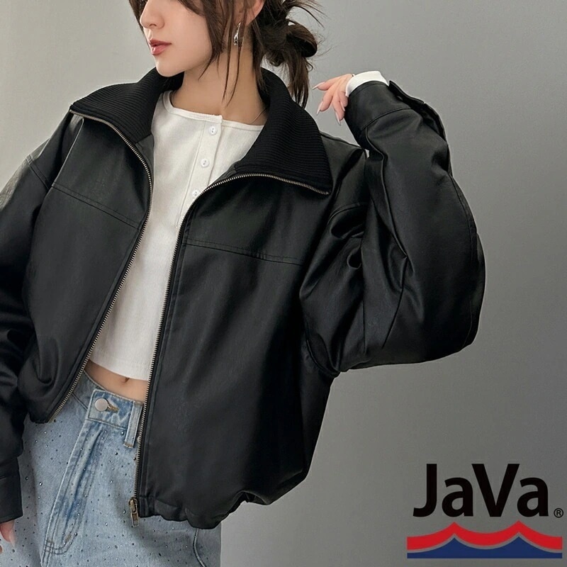 javaジャバコラボ アウター ジャケット レディース ショート丈 リブ タートル フェイクレザー ブルゾン JK 男女兼用 ユニセックス メンズ ゆるっと オーバーサイズ 大きいサイズ 4,678円
