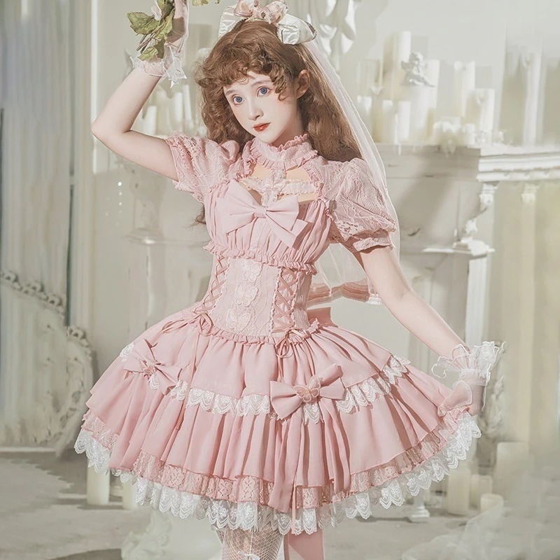 正規品トワイライト夢蝶lolita半袖opピンク可愛いロリータ夏ショートワンピース