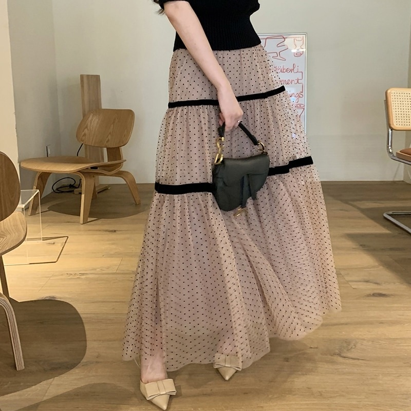 ドットティアードチュールスカート スカート 秋冬 ロング シフォン ドット 水玉 柄 ティアード