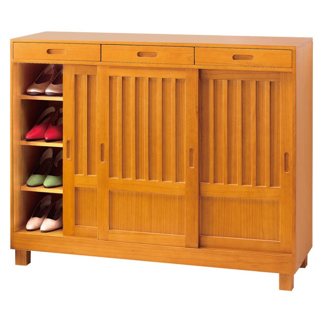 天然木和風引き戸シューズボックス 3枚扉