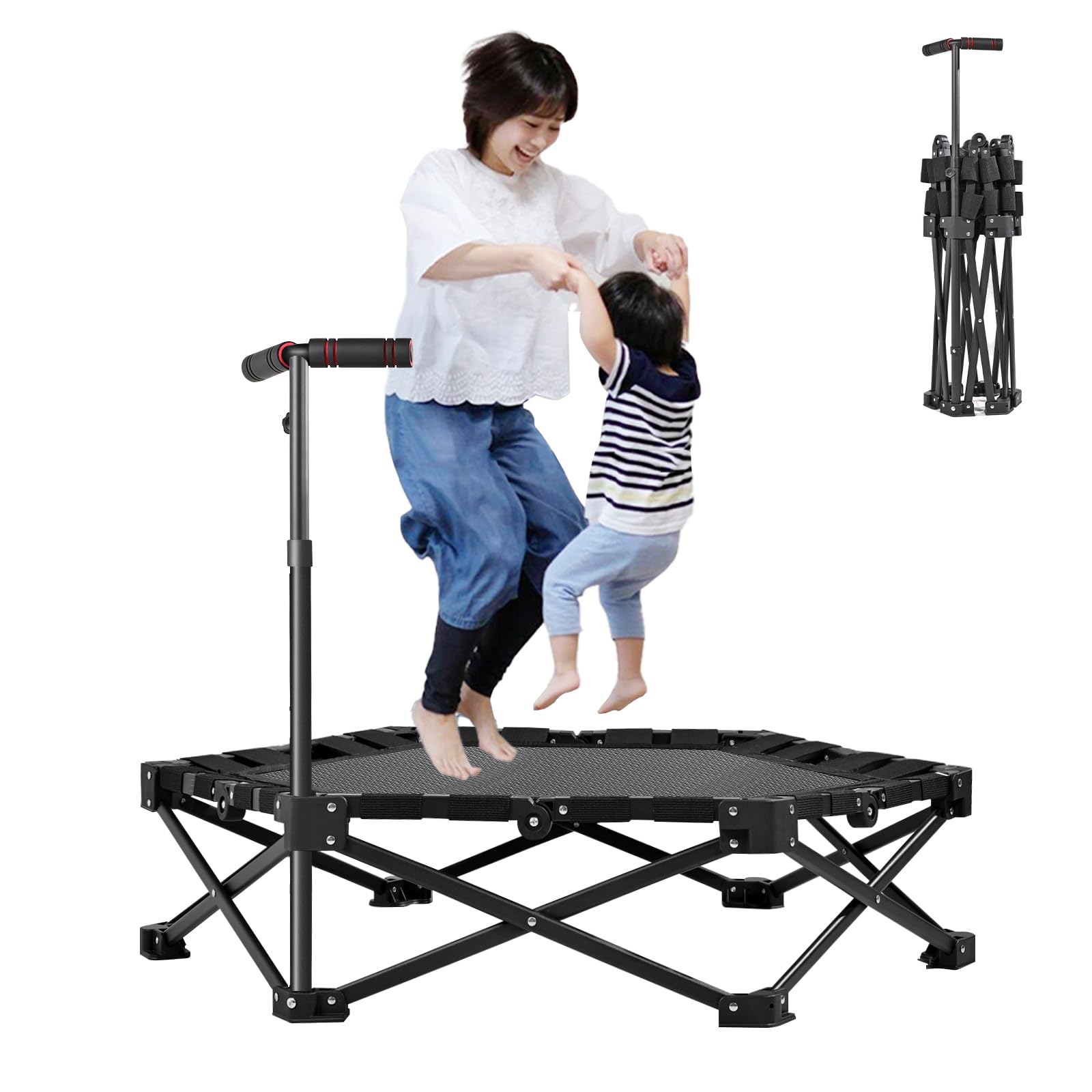 トランポリン 大型 106cm 【静音設計 縦向き 収束式 折りたたみ式】 全金属構造 高耐久 手すり付き 組立簡単 高さ3段階調節 耐荷重150kg 子供 大人 家庭用 室内室外用 エクササイズ 省