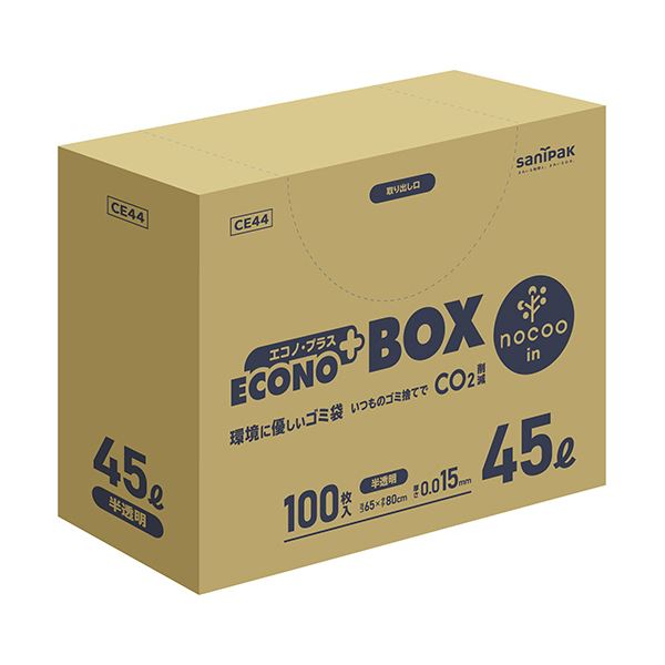 （まとめ） 日本サニパックエコノプラス BOX nocoo in 半透明 45L 0.015mm CE44 1パック（100枚） [x2セット]