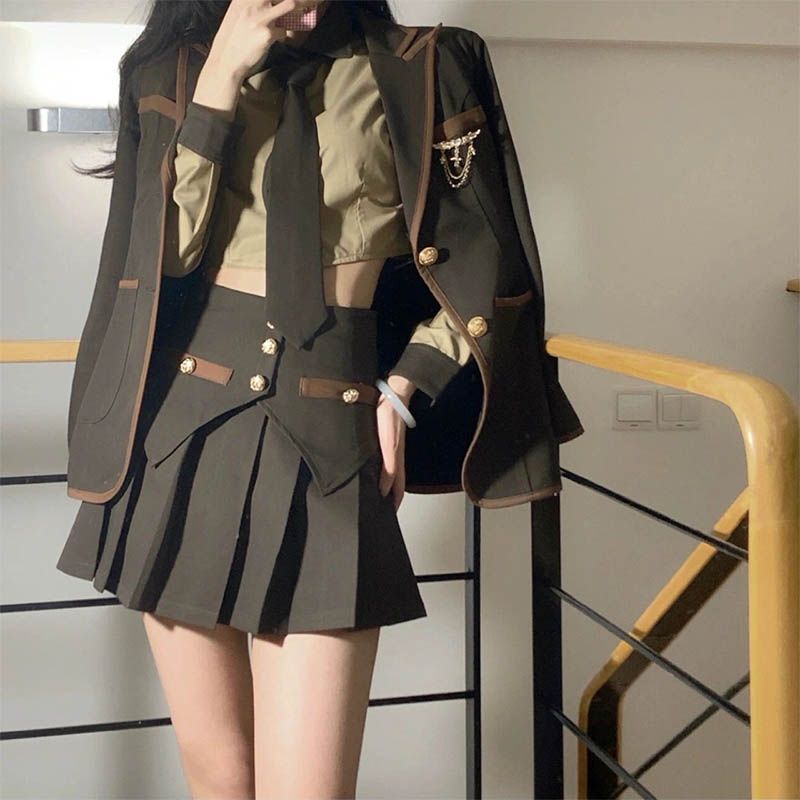 涼しく楽ちんセットアップセットアップ2023 韓国ファッション JK制服 大学スタイル ブレザー＋ブラウス＋プリーツスカートの4点セットスーツ春でもブラウス脚魅せミニスカートプリーツスカート