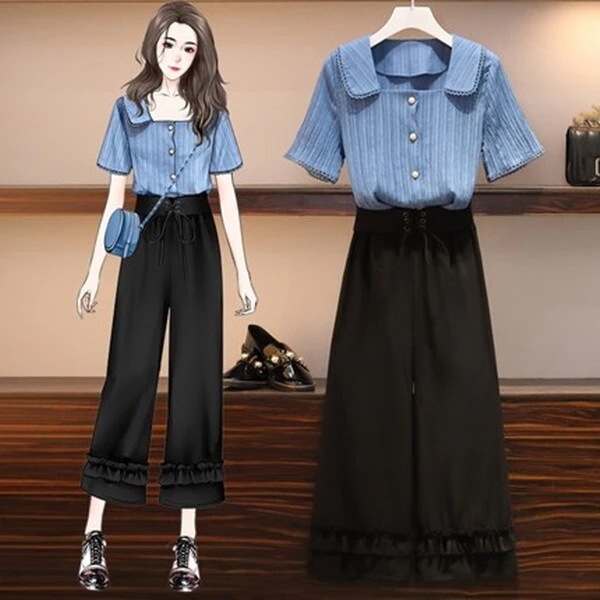 コーディネートセット レディース 夏服 女性 韩国 セットアップ シャツ 襟付き 半袖 ワイドパンツ 4,630円