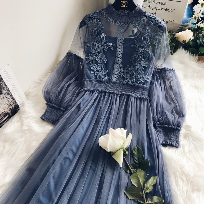 1545.シースルーチュールドレス（ブルー） 2019 春夏 sale お呼ばれ 食事会 フォーマル デート ブライダル 結婚式 二次会