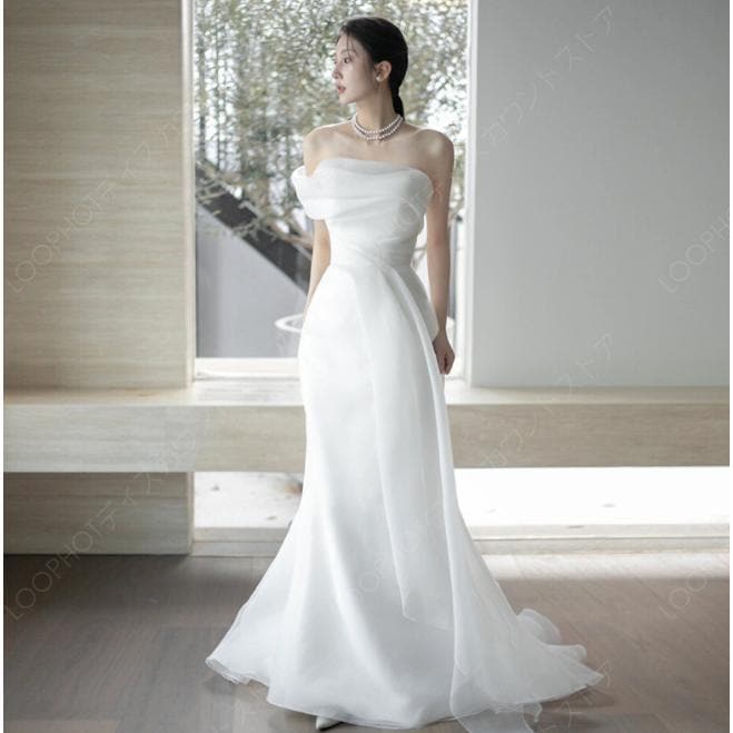 ウェディングドレス ウエディングドレス 二次会 結婚式 前撮り ブライダル ロングドレス 花嫁 スレンダードレス マーメイドドレス 白 キャミソール ファスナー-13
