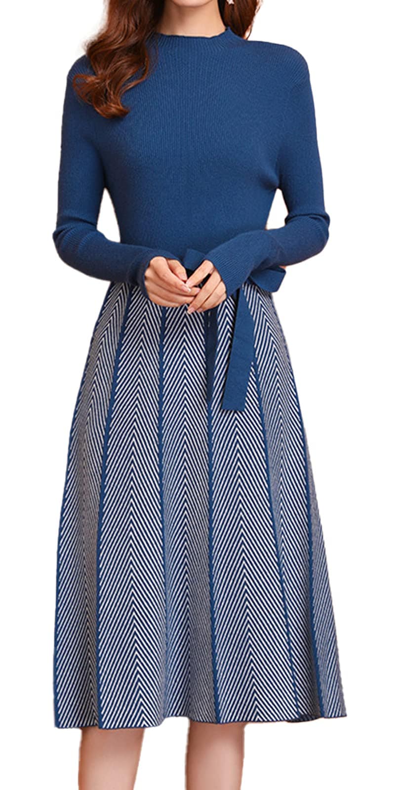 ［ジェイストア］ ワンピース レディース ロング ニット ワンピ 長袖 無地 ドッキング カジュアル 仕事 普段着 ガールズ 膝丈 韓国 ニットワンピ 長袖トップス あったかい きれいめ ロング丈 上