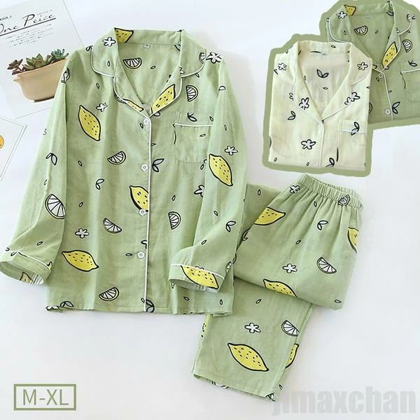 人気SALE レディース パジャマ ダブルガーゼ 長ズボン 長袖 綿95% 2点セットアップ ルームウェア Vネック ナイトウェア 果物柄 寝巻き 部屋着 ウエストゴム シンプル 春夏秋冬