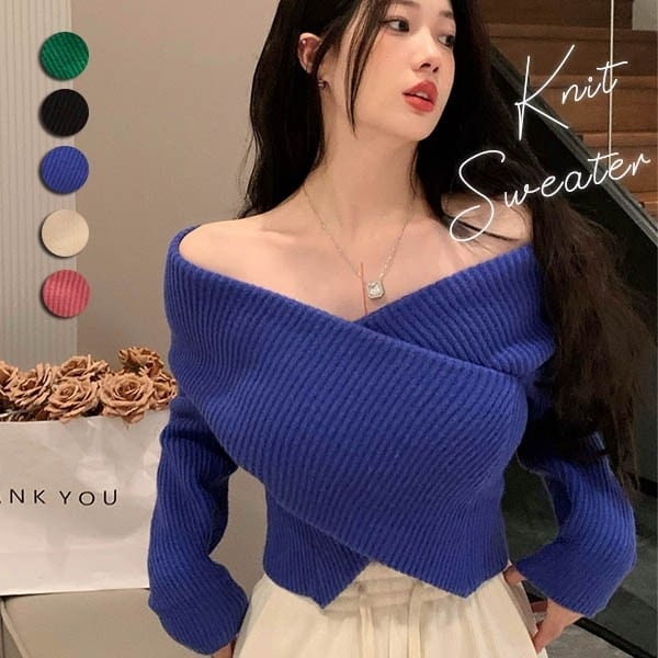 Vネックセーター レディース ニットセーター オフショルダー オフショルニット 春秋 長袖 ドロップショルダー 大人 フェミニン 可愛い ざっくり編み リブニット ショート丈 ゆったり 秋冬 韓国風今