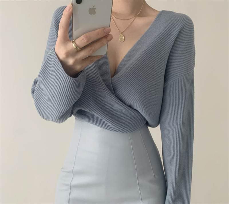 カシュクールニット トップス ニットソー 袖あり 長袖 ボリューム袖 Vネック リブニット クロシェ ニット かわいい 大人可愛い きれいめ シンプル 大人 上品 おしゃれ 無地 春 秋 10代 20