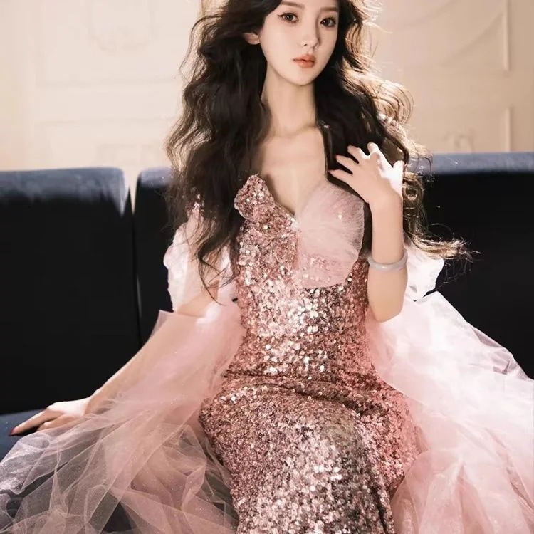 女性のためのテールドレス花嫁エンゲージメントハイエンドホスティングスパンコールのためのワンショルダーバンケット服ワンピースドレスドレス