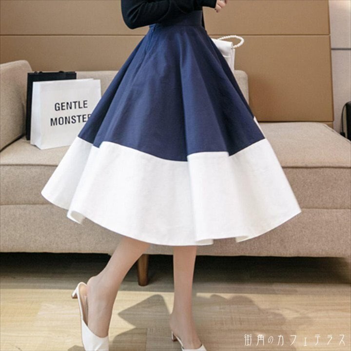 ロングスカート 2色 スカート ロング ロング丈 膝丈 ひざ下丈 フレア Aライン バイカラー シンプル ファスナー かわいい 大人可愛い きれいめ カジュアル 大人 上品 おしゃれ