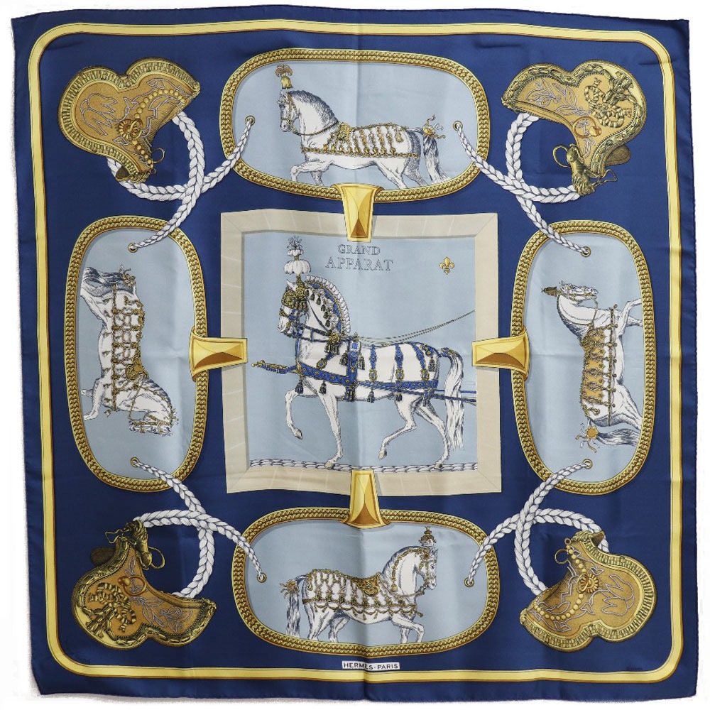 カレ90 GRAND APPARAT 盛装の馬 スカーフ シルク 青 レディース 中古品